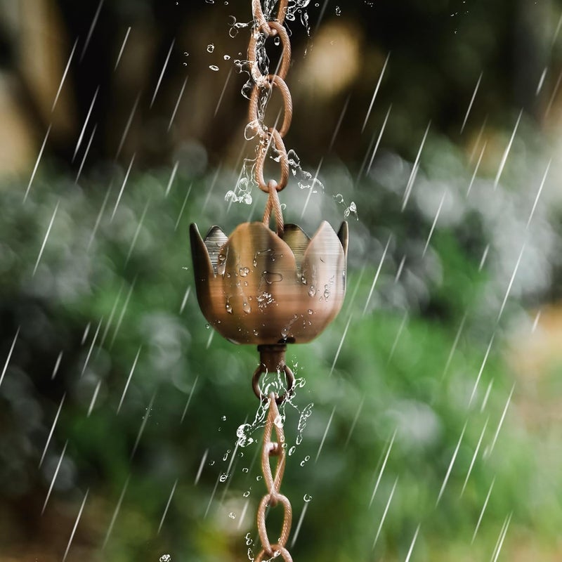 DUSVALLY Rain Chain, 5.85 FT Lotus Metal Rain Chain, Functional and Decorative Replacement for Gutter Downspouts, Divert Water and Home Display, Adjustable, Antique Brown - Image 2